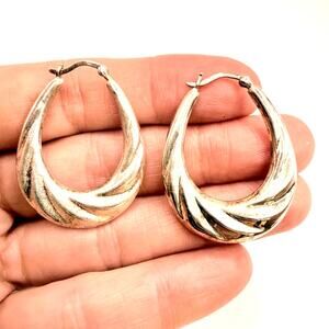 Vtg Signed HMN 925 Silver Puffy Hoop Earrings Boho Oval Swirl Twisted Texture